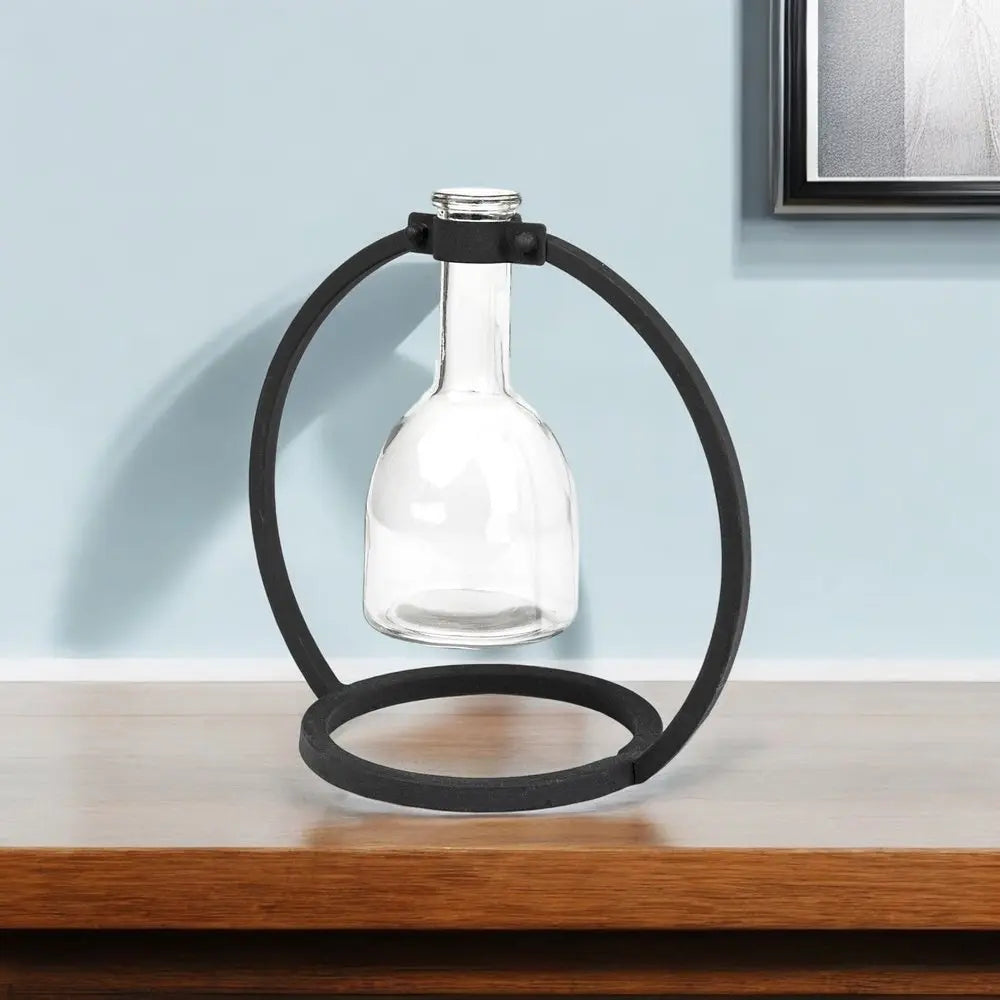 8" Clear and Black Glass and Metal Abstract Cylinder Table Vase HomeRoots