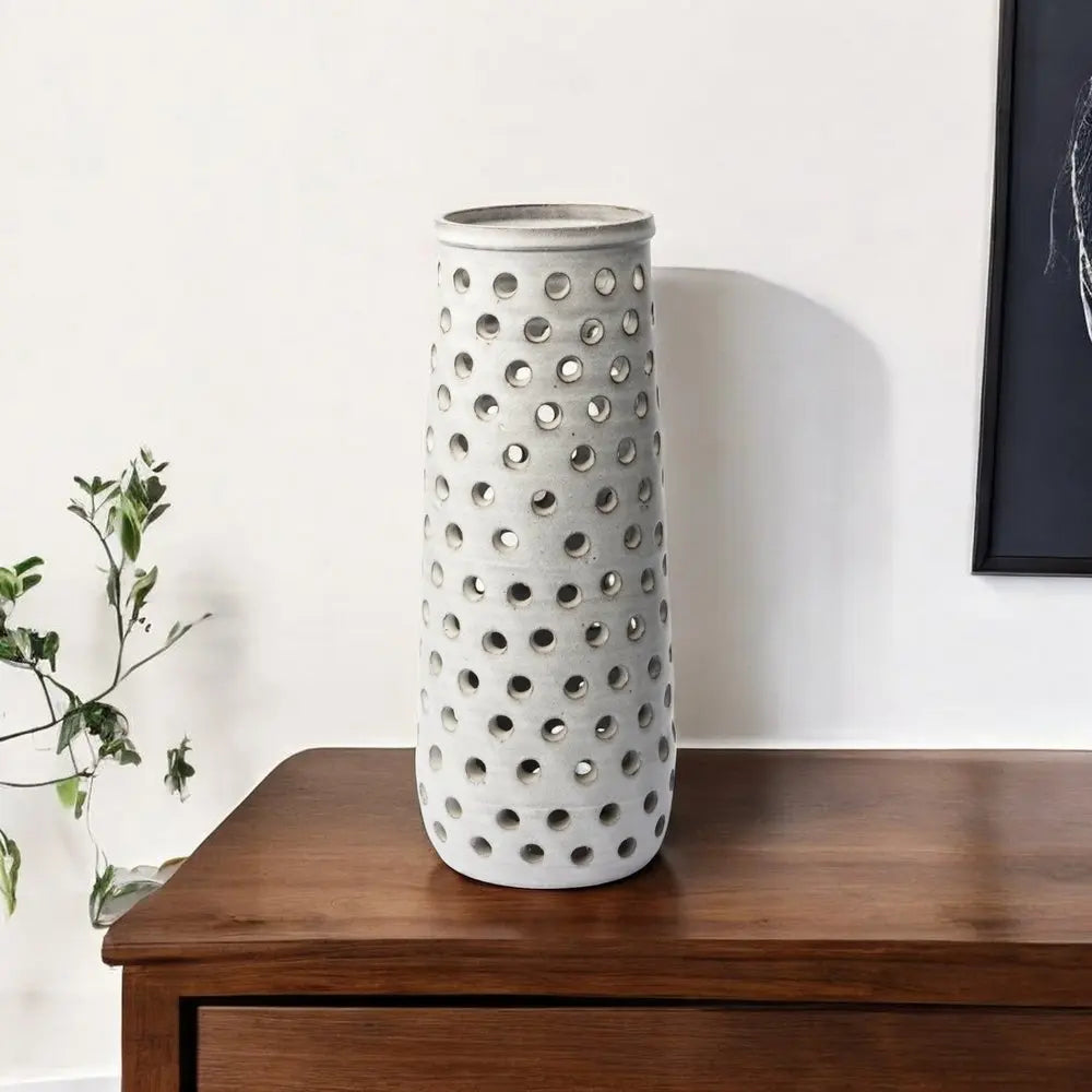 19" White Polka Dots Ceramic Cylinder Table Vase HomeRoots