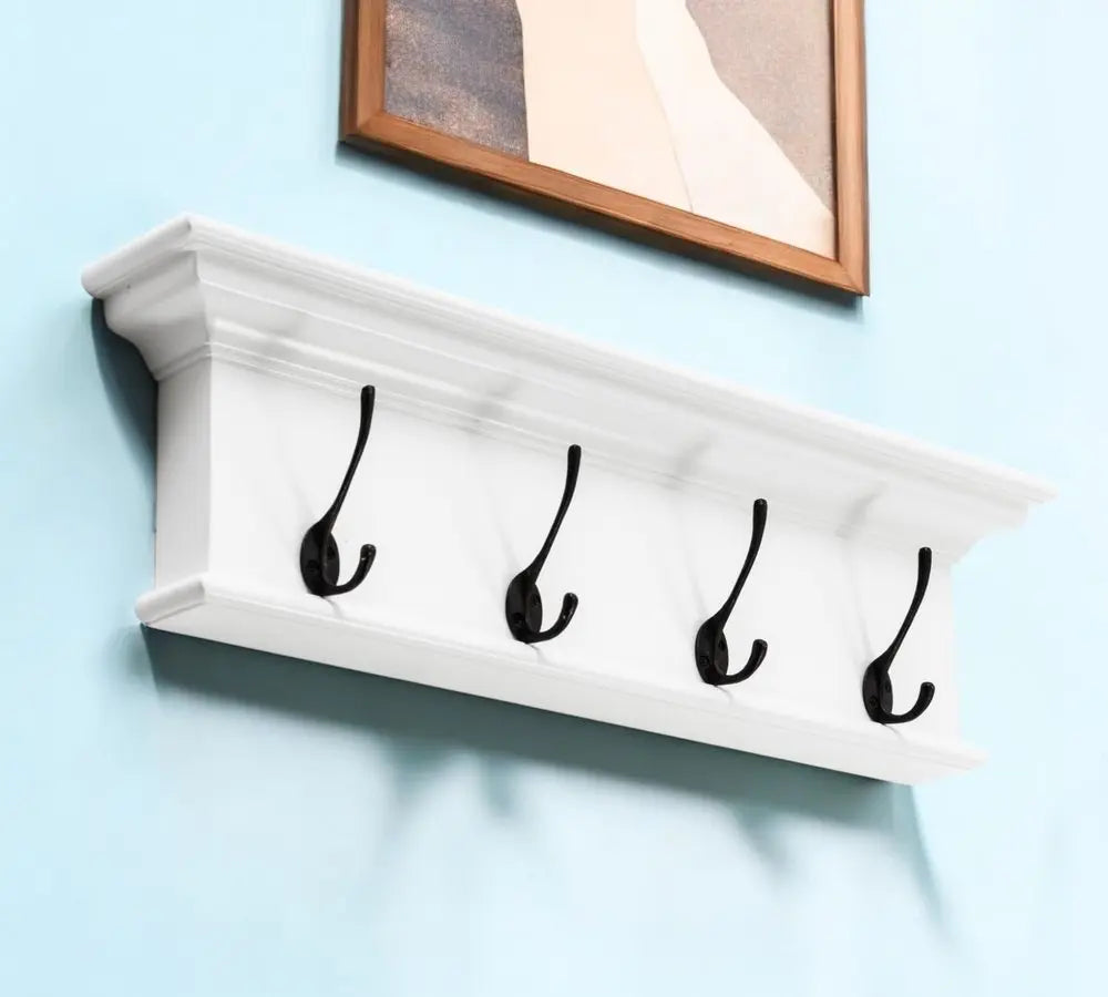 28" Classic White Wood Four Hook Hanging Coat Rack HomeRoots