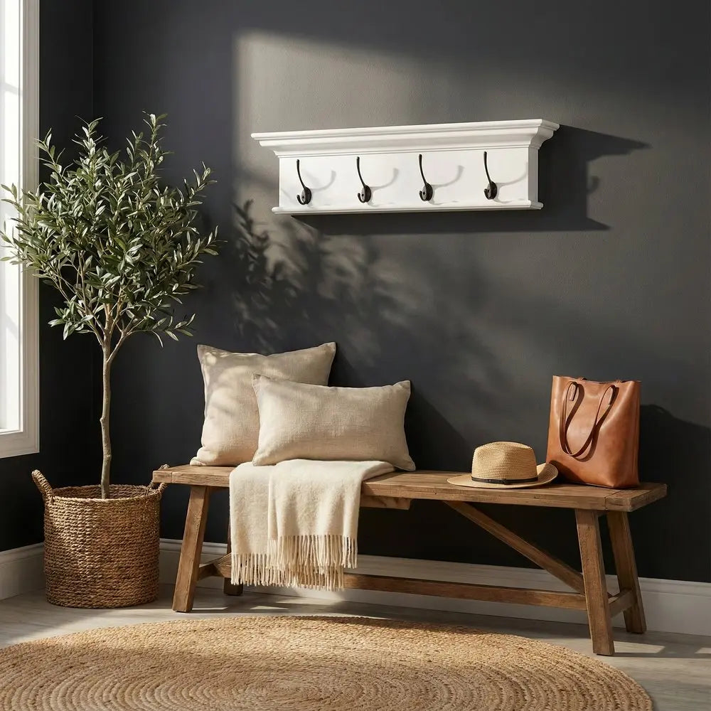 28" Classic White Wood Four Hook Hanging Coat Rack HomeRoots