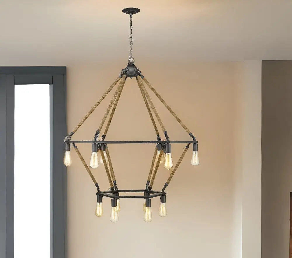 Brown and Black Twelve Light Metal Dimmable Chandelier HomeRoots