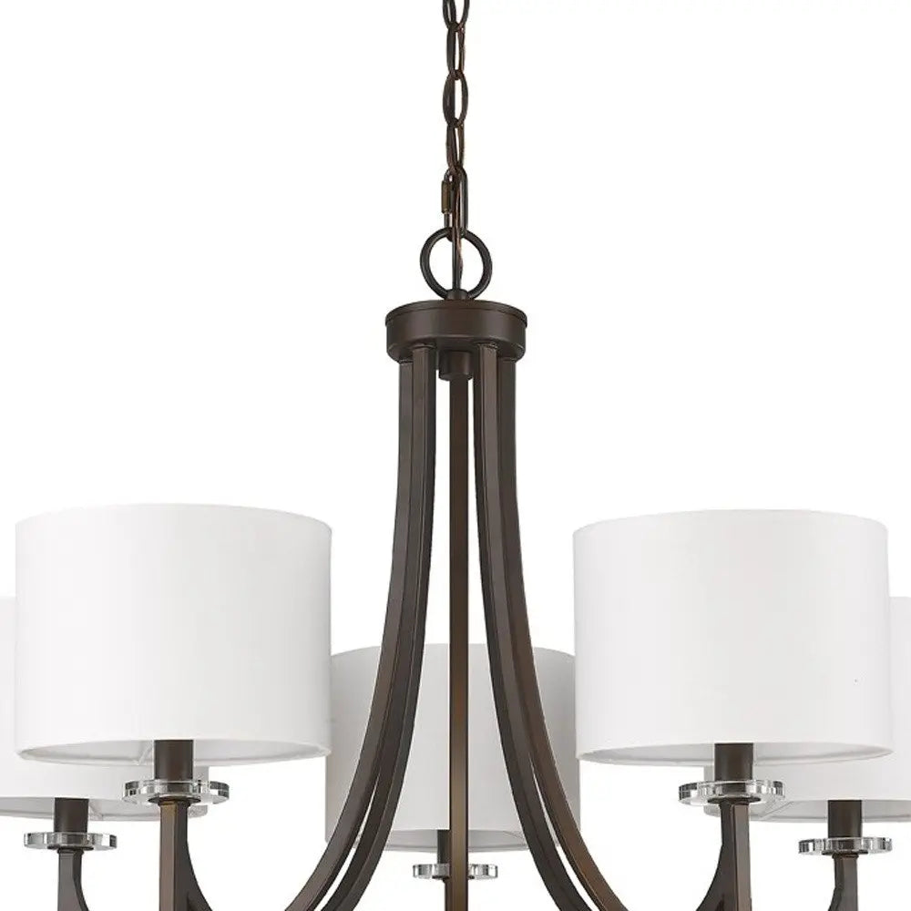Brown Candle Style Five Light Metal and Crystals Dimmable Chandelier With White Shades HomeRoots