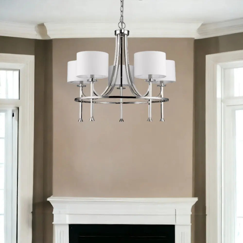 Silver Candle Style Five Light Metal and Crystals Dimmable Chandelier With White Shades HomeRoots