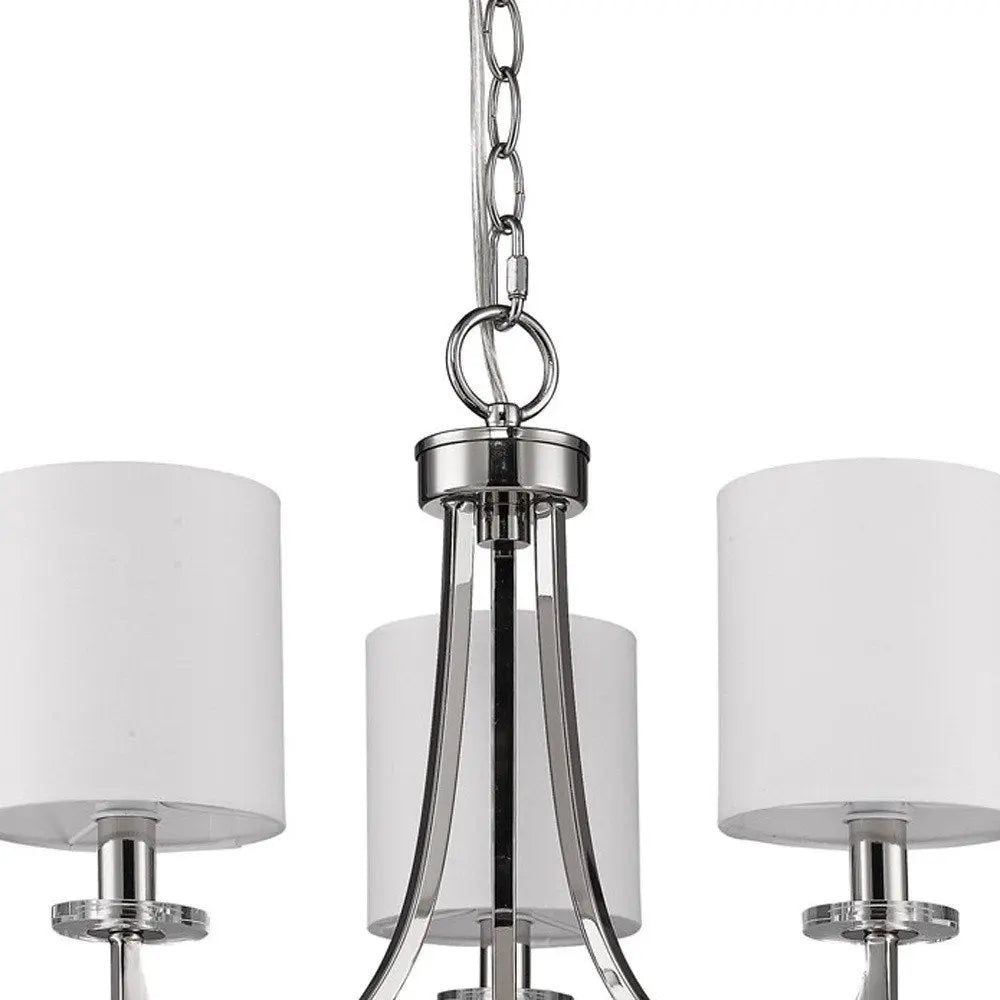 Silver Candle Style Three Light Metal Dimmable Chandelier With White Shades HomeRoots