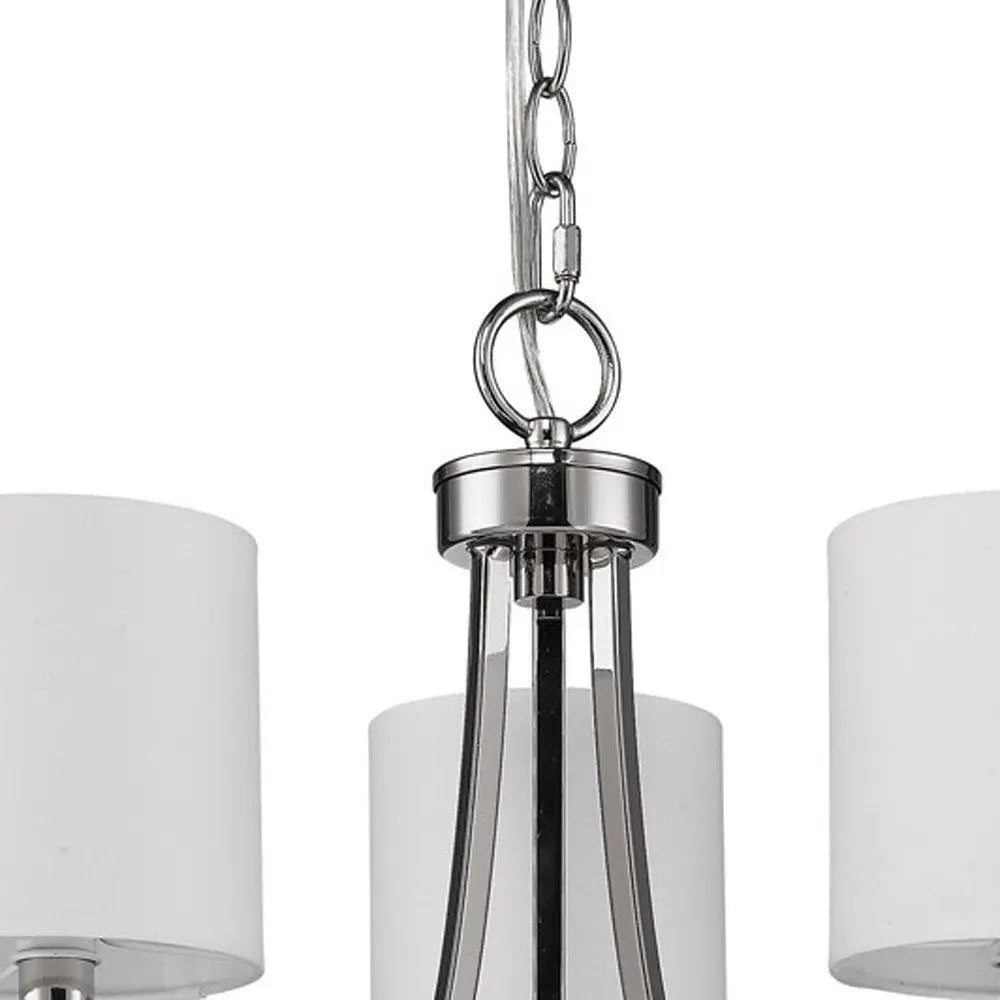 Silver Candle Style Three Light Metal Dimmable Chandelier With White Shades HomeRoots
