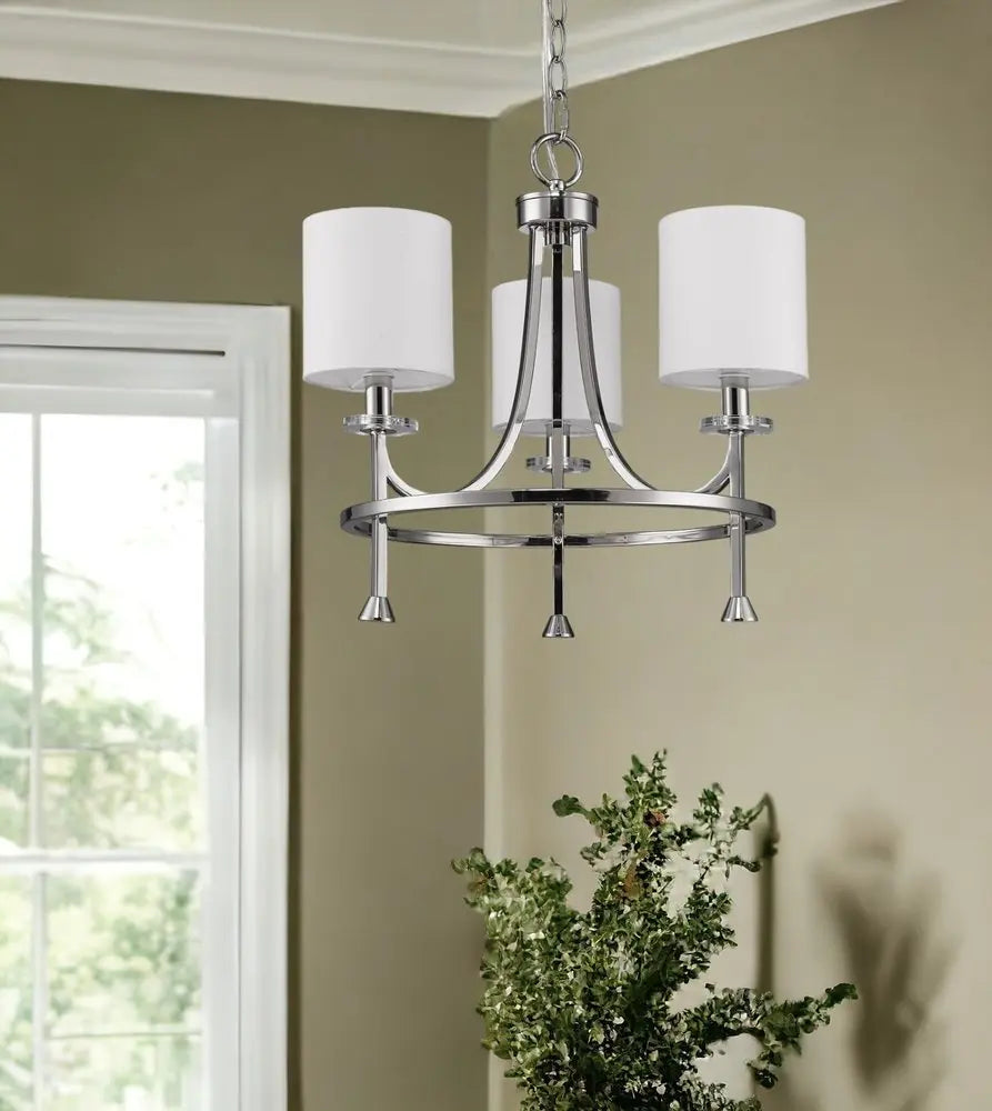 Silver Candle Style Three Light Metal Dimmable Chandelier With White Shades HomeRoots