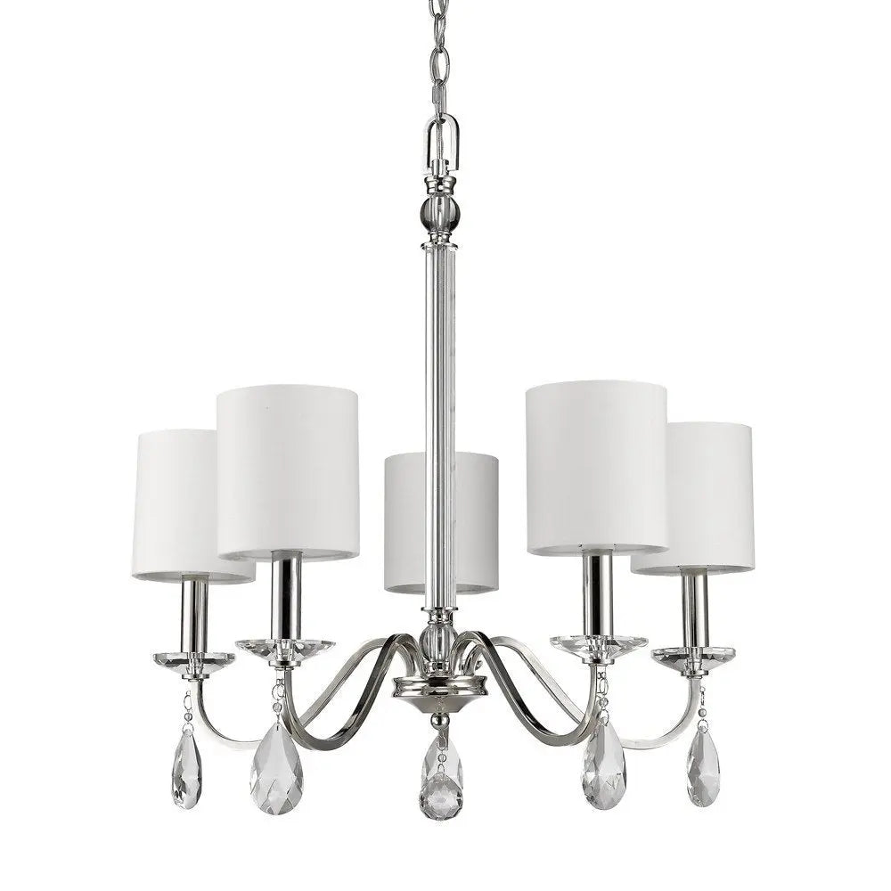 Silver Candle Style Five Light Metal and Crystals Dimmable Chandelier With White Shades HomeRoots