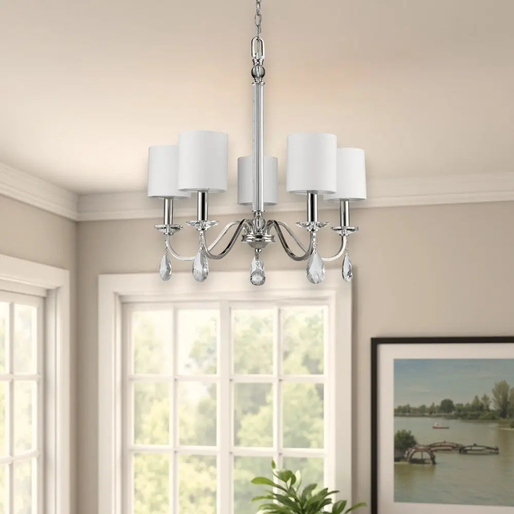 Silver Candle Style Five Light Metal and Crystals Dimmable Chandelier With White Shades HomeRoots