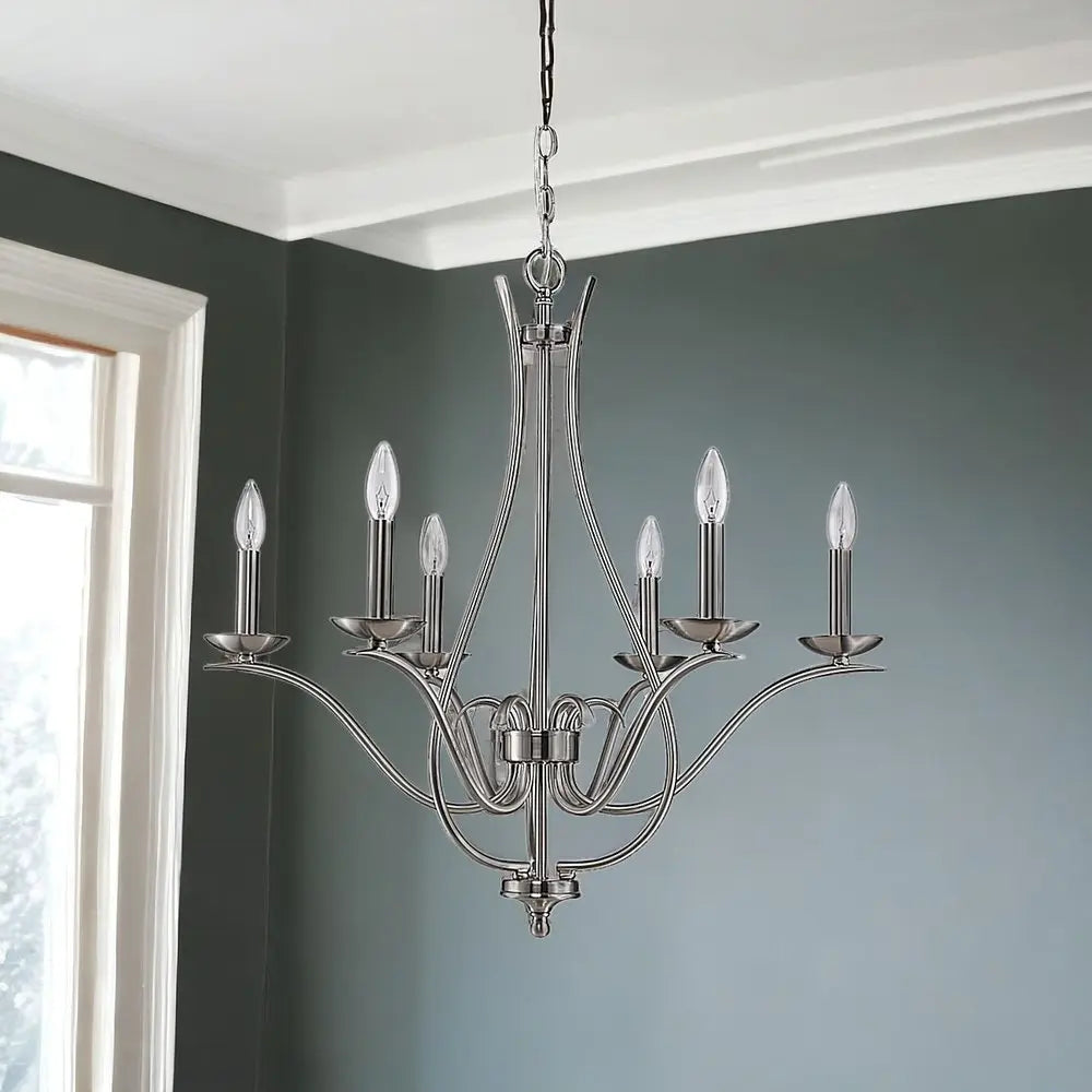 Nickel Candle Style Six Light Metal Dimmable Chandelier HomeRoots