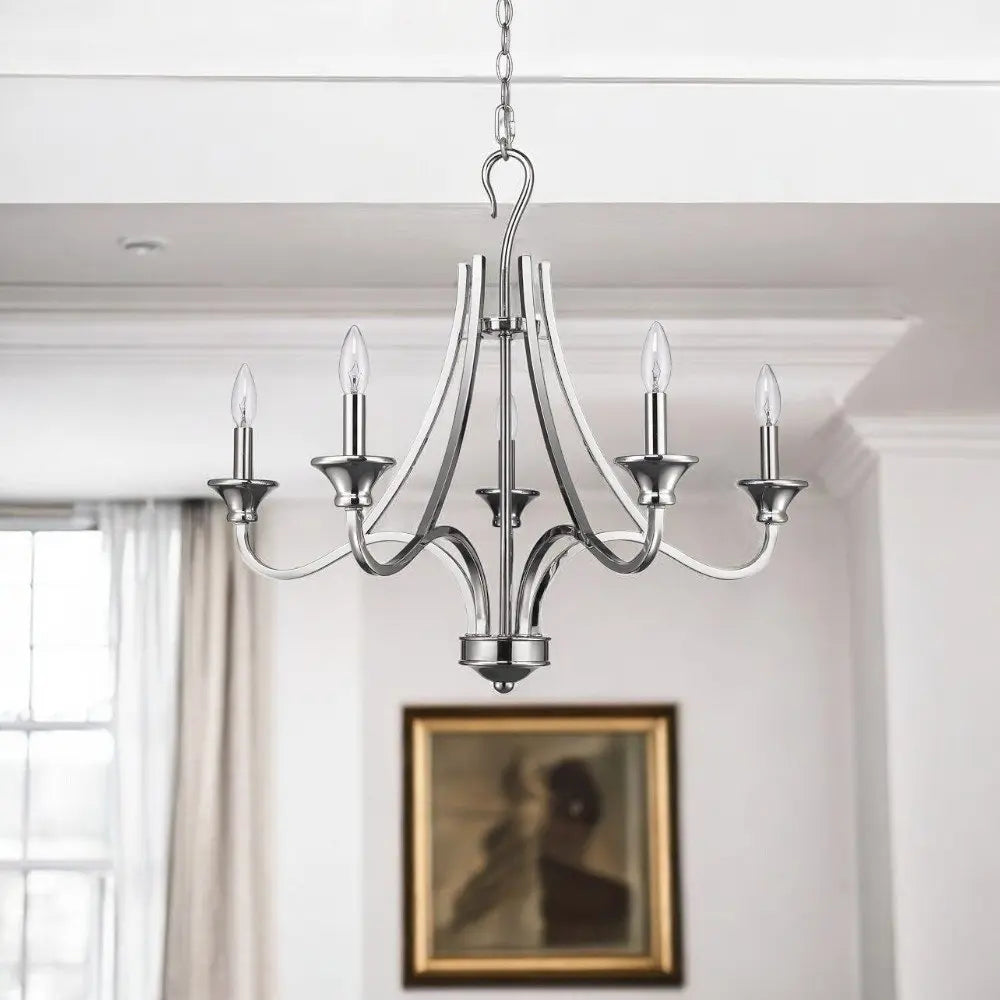 Nickel Candle Style Five Light Metal Dimmable Chandelier HomeRoots