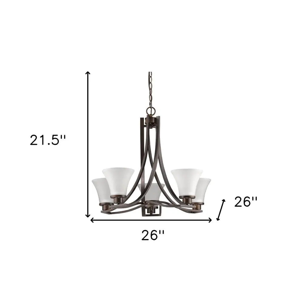 Bronze Candle Style Five Light Frosted Metal Dimmable Chandelier With White Shades HomeRoots