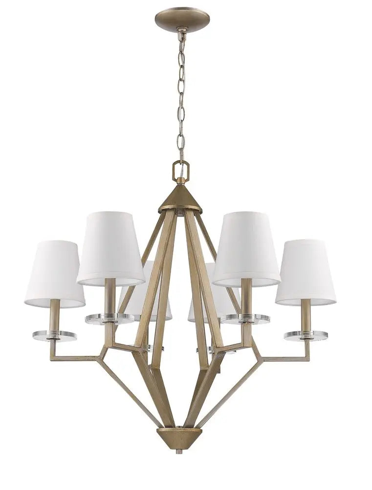 Gold Candle Style Six Light Metal and Crystals Dimmable Chandelier With White Shades HomeRoots