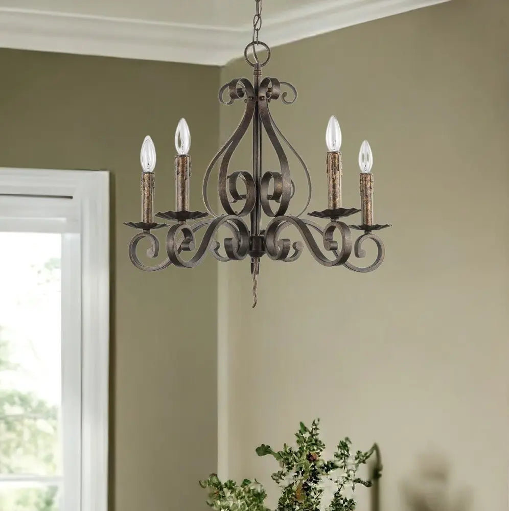 Brown Candle Style Five Light Metal Dimmable Chandelier HomeRoots