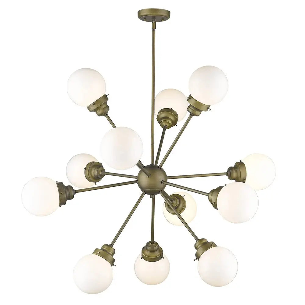 Bronze Sputnik Twelve Light Frosted Metal Dimmable Chandelier With Off White Shades HomeRoots