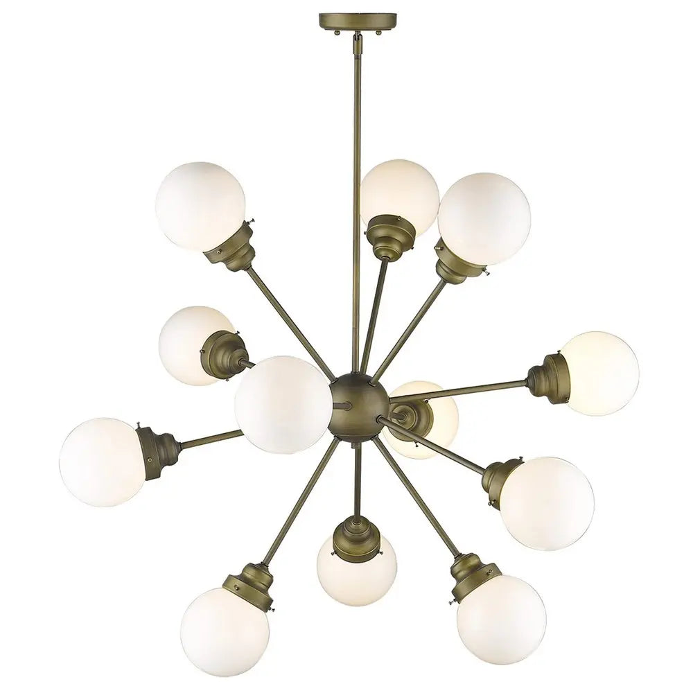 Bronze Sputnik Twelve Light Frosted Metal Dimmable Chandelier With Off White Shades HomeRoots