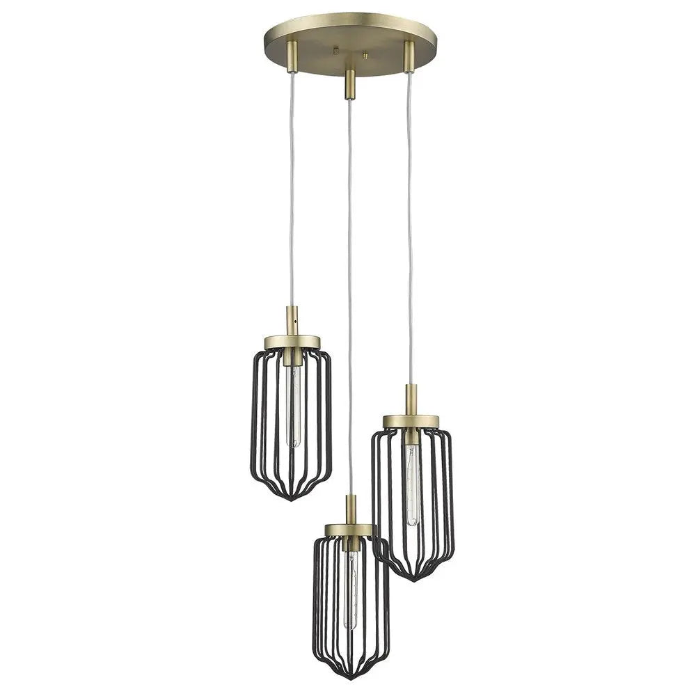 Gold Caged Three Light Metal Dimmable Chandelier With Black Shades HomeRoots