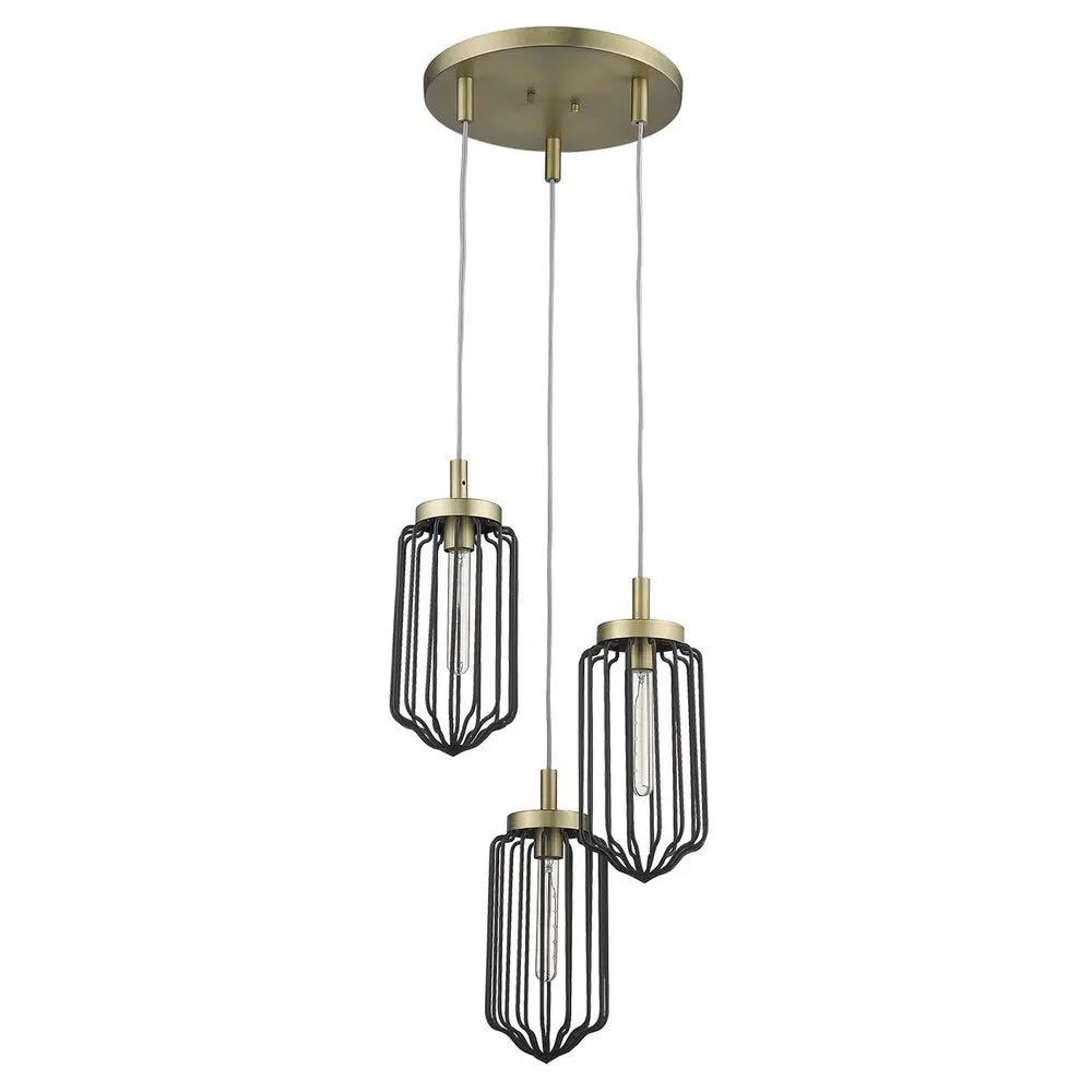 Gold Caged Three Light Metal Dimmable Chandelier With Black Shades HomeRoots
