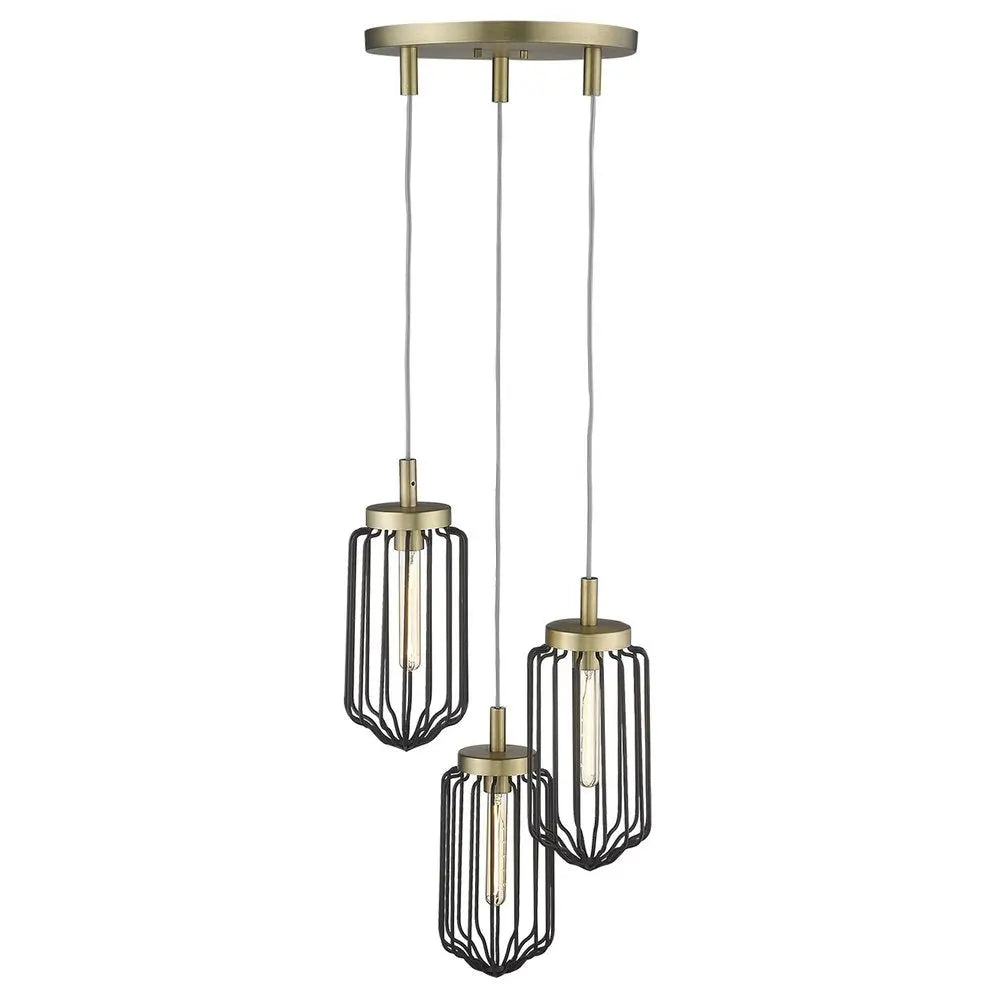 Gold Caged Three Light Metal Dimmable Chandelier With Black Shades HomeRoots