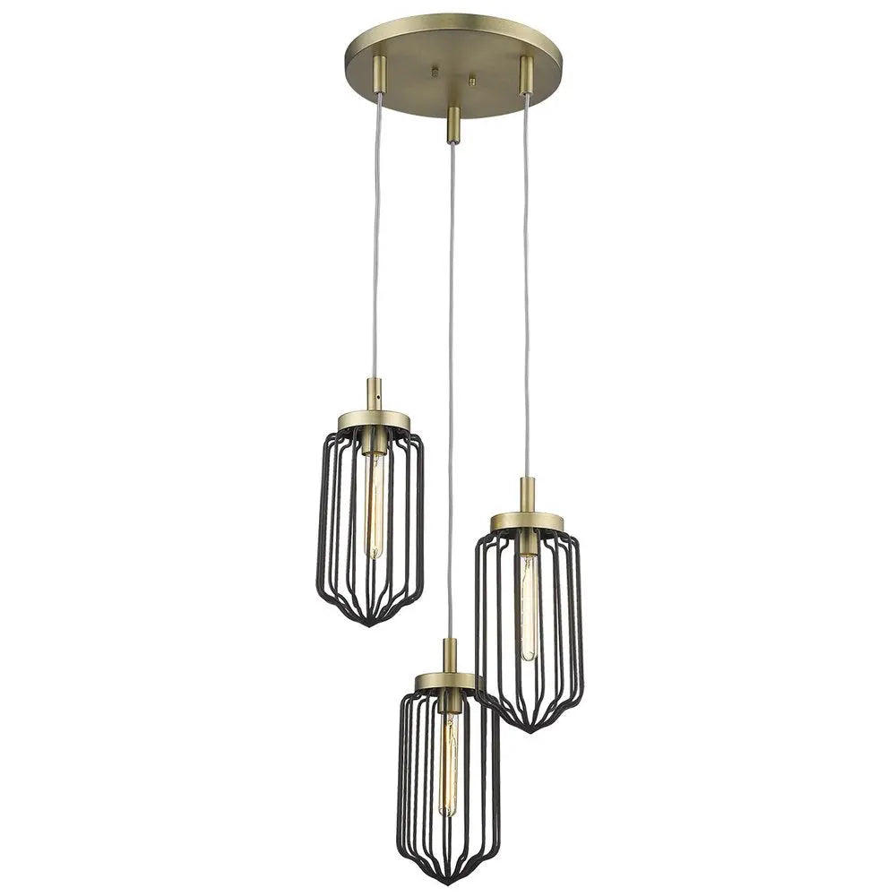 Gold Caged Three Light Metal Dimmable Chandelier With Black Shades HomeRoots