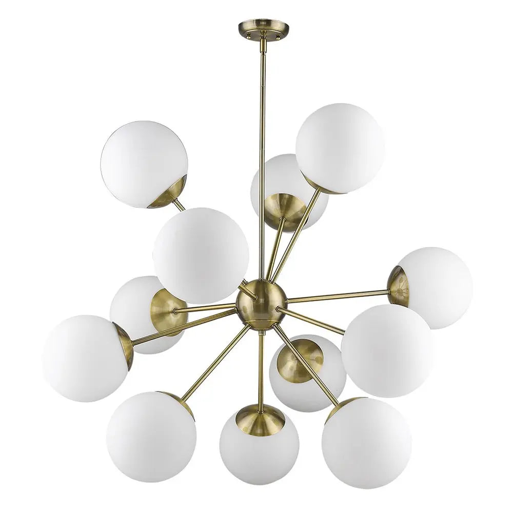 Brass Sputnik Twelve Light Frosted Metal Dimmable Chandelier With White Shades HomeRoots