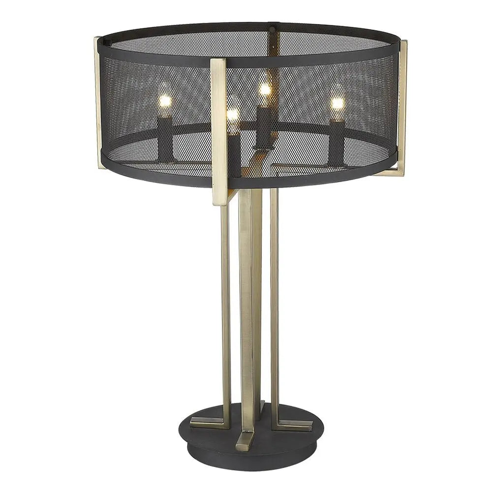 25" Brass Metal Four Light Geometric Table Lamp With Black Drum Shade HomeRoots