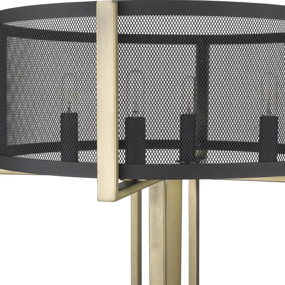 25" Brass Metal Four Light Geometric Table Lamp With Black Drum Shade HomeRoots
