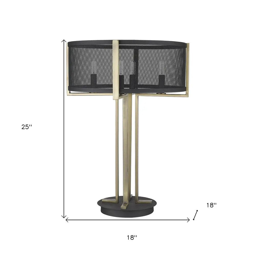 25" Brass Metal Four Light Geometric Table Lamp With Black Drum Shade HomeRoots
