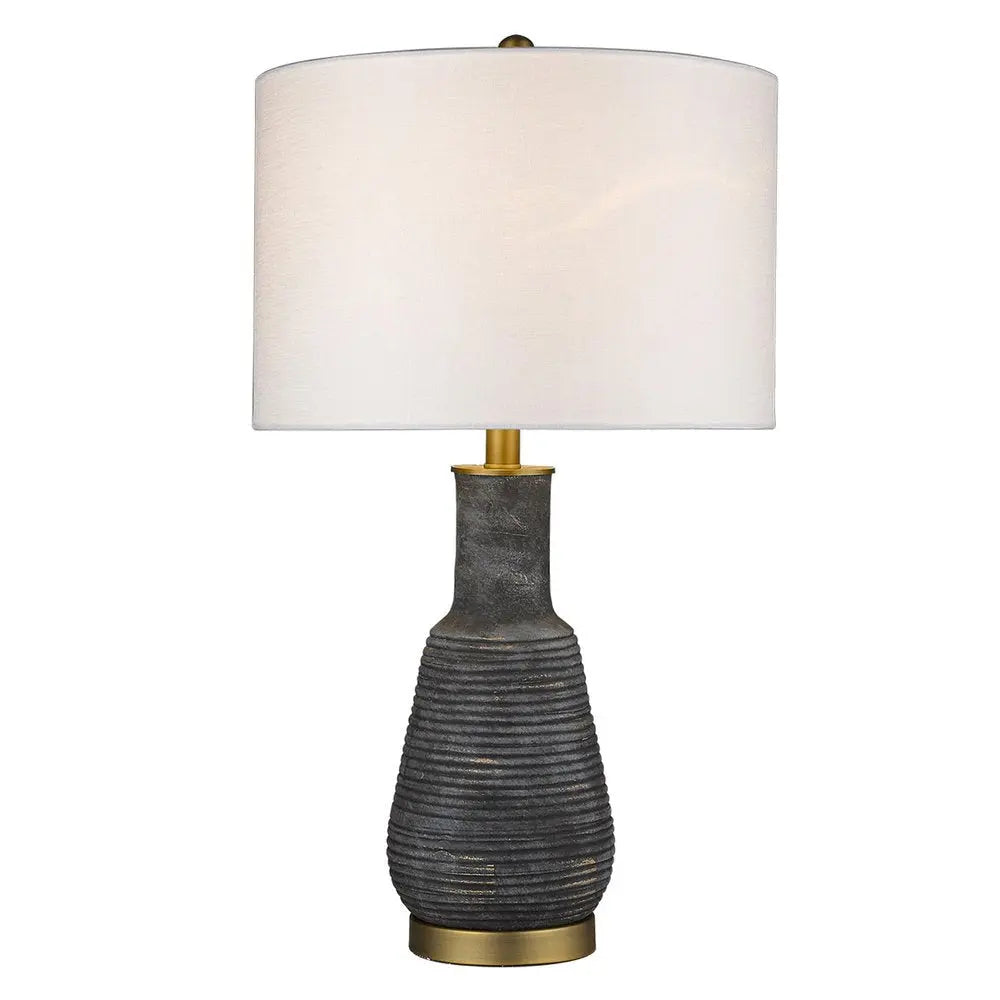 26" Distressed Black and Gold Ceramic Table Lamp With White Drum Shade HomeRoots