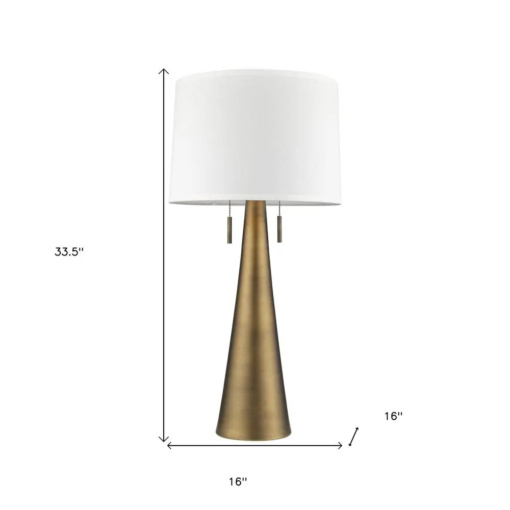 34" Brass Metal Two Light Table Lamp With White Empire Shade HomeRoots
