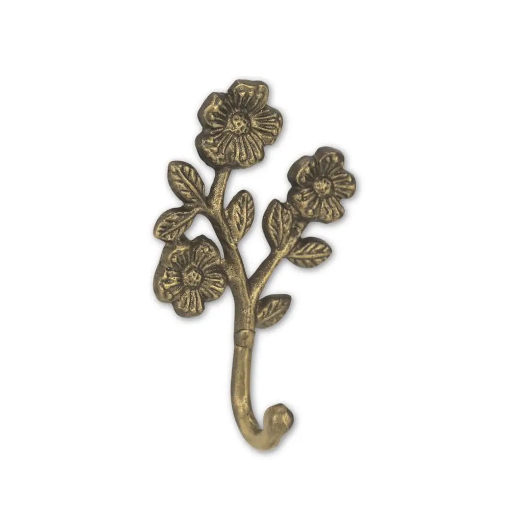 4" Antiqued Gold Cast Iron Flower Wall Hook - NOBLE HOME INTERIORS