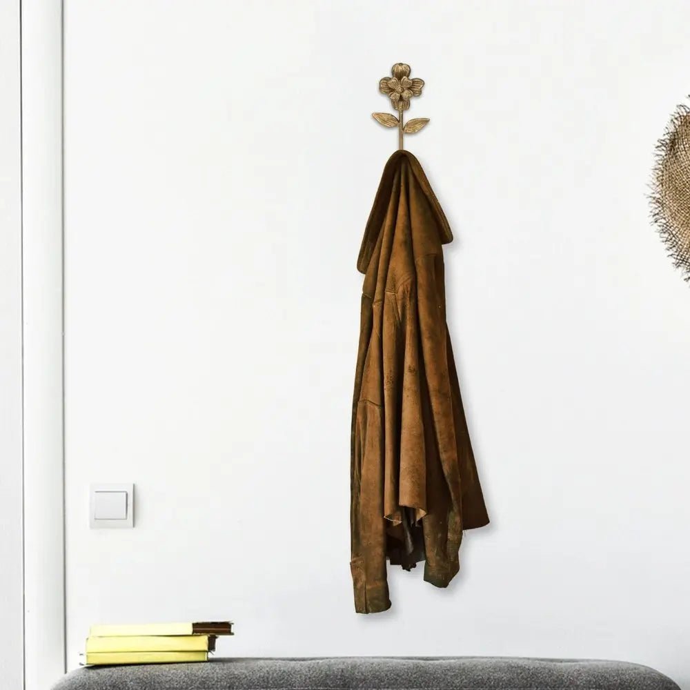4" Antiqued Gold Cast Iron Flower Wall Hook - NOBLE HOME INTERIORS