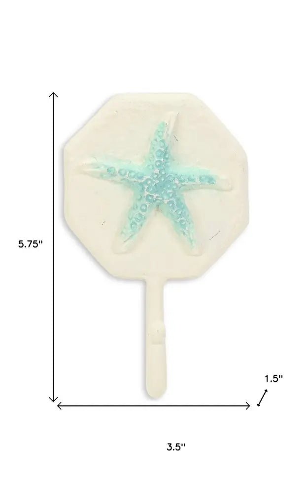 4" Aqua And Cream Cast Iron Starfish Wall Hook - NOBLE HOME INTERIORS