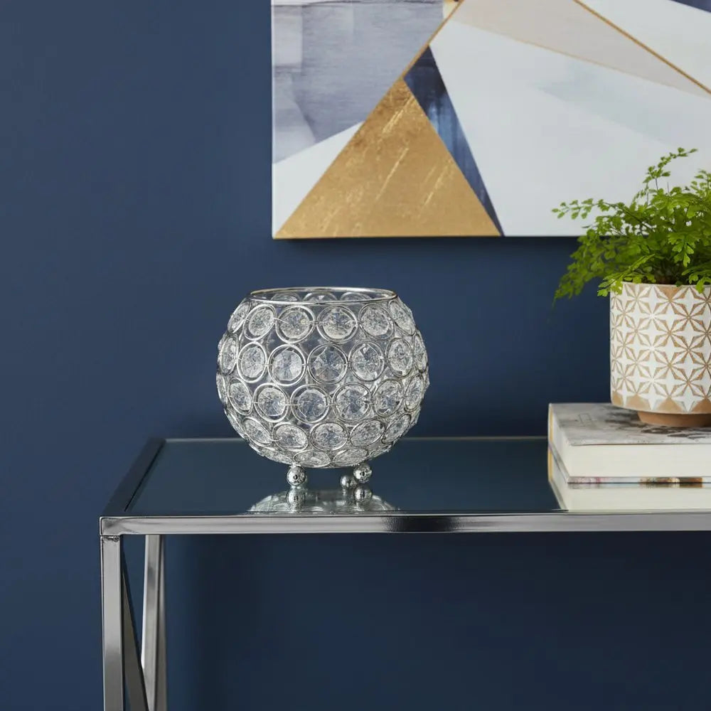 4" Clear And Silver Faux Crystal And Metal Round Table Vase - NOBLE HOME INTERIORS