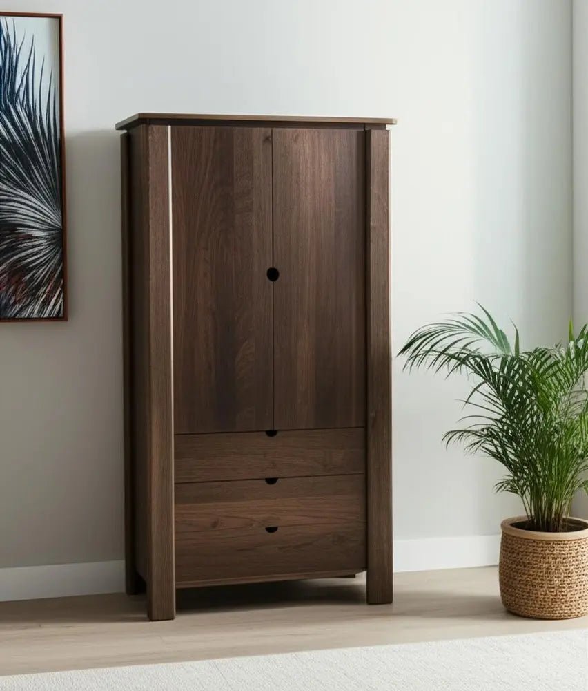 40" Dark Brown Solid Wood Curio Cabinet With Two Doors And Three Drawers - NOBLE HOME INTERIORS