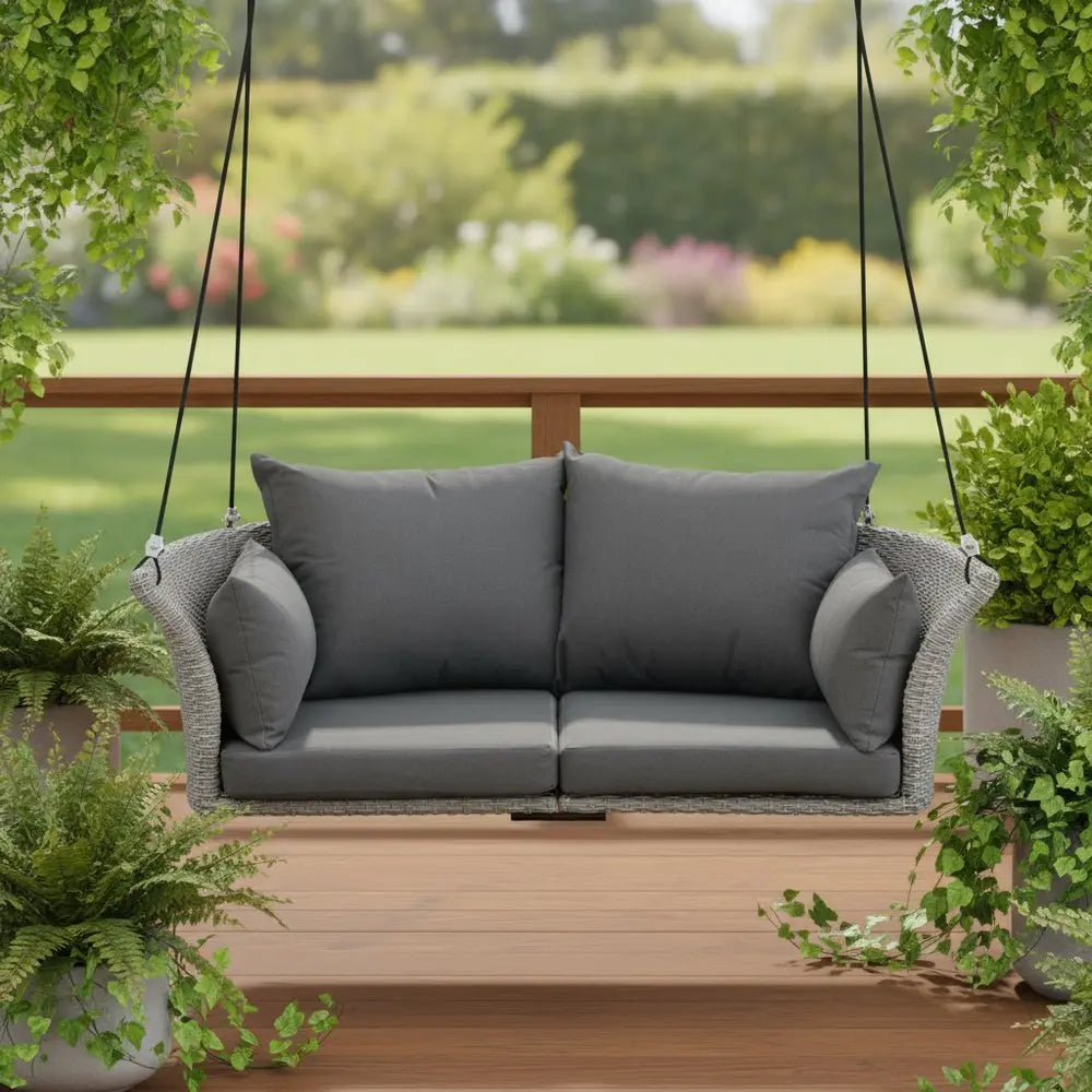 40" Gray Woven Rattan Outdoor Swing Chair with Gray Cushion - NOBLE HOME INTERIORS