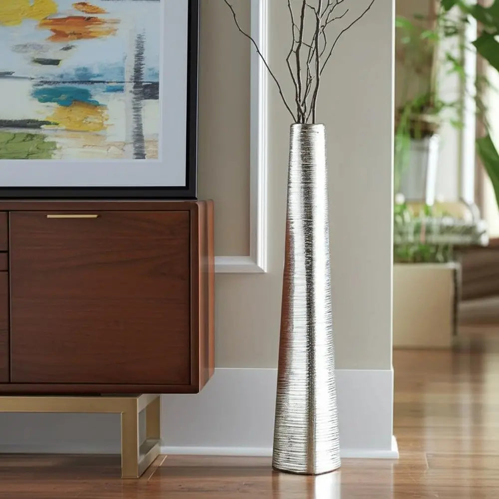40" Silver Striped Tapered Ceramic Floor Vase - NOBLE HOME INTERIORS