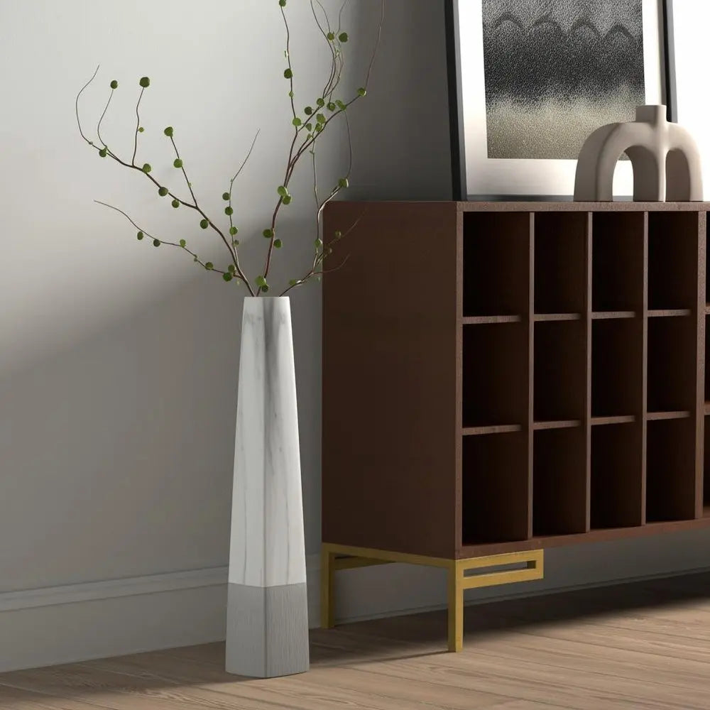 40" White Faux Marble Tapered Ceramic Floor Vase - NOBLE HOME INTERIORS