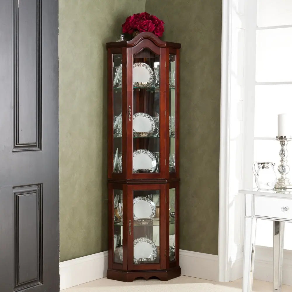 Mahogany Scallop Top Lighted Corner Curio Cabinet HomeRoots