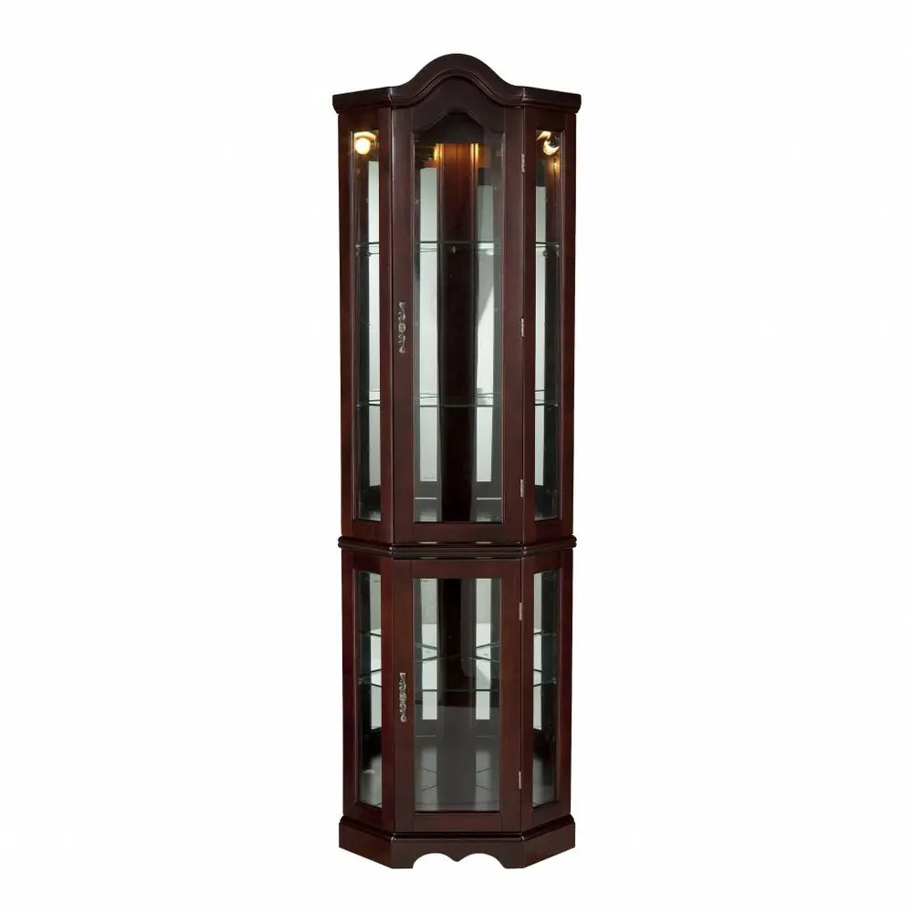 Mahogany Scallop Top Lighted Corner Curio Cabinet HomeRoots