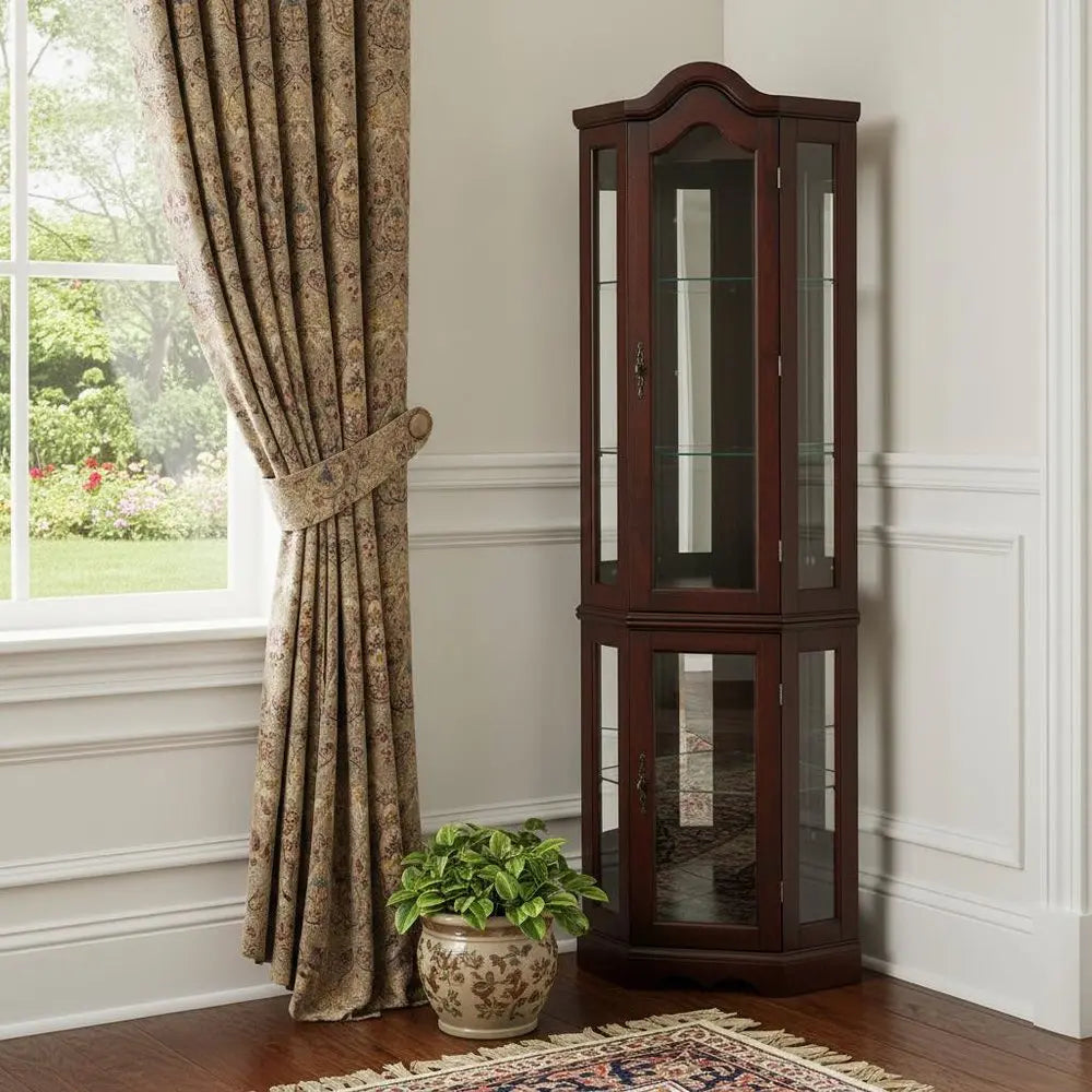Mahogany Scallop Top Lighted Corner Curio Cabinet HomeRoots