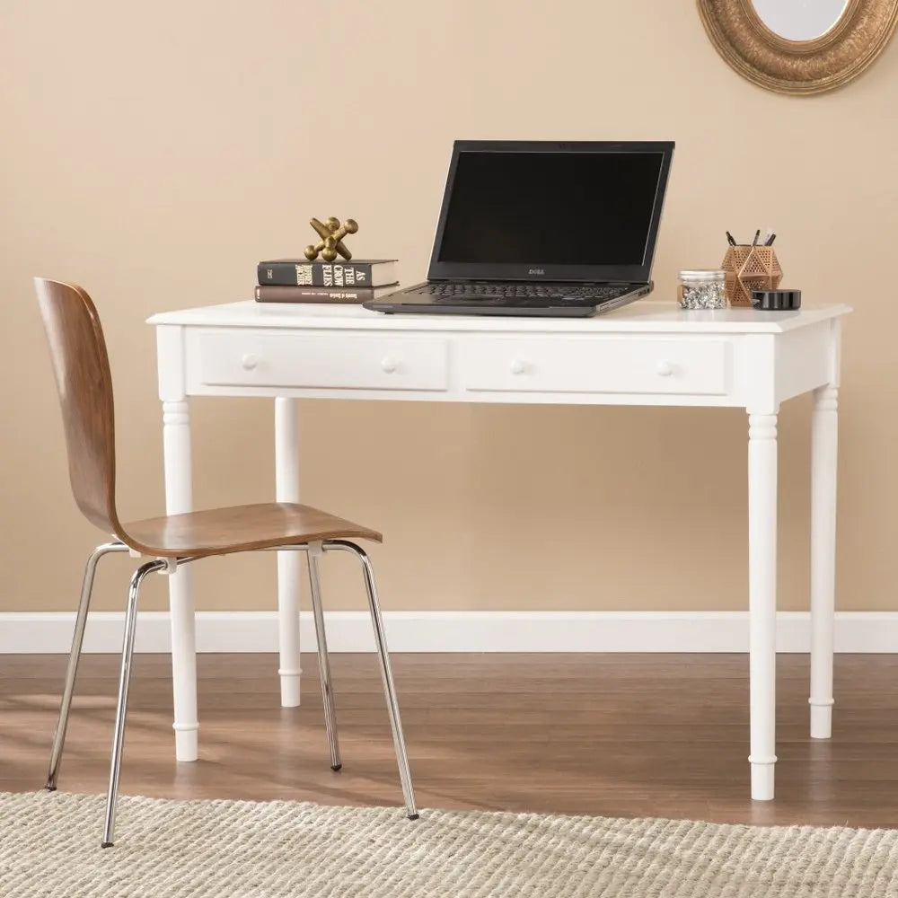 43" White Solid Wood Writing Desk With Two Drawers HomeRoots