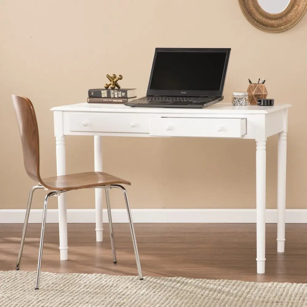 43" White Solid Wood Writing Desk With Two Drawers HomeRoots