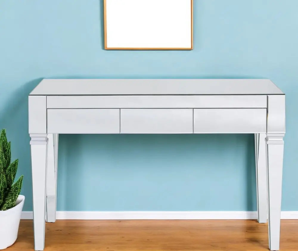 47" Silver Mirrored Writing Desk With Three Drawers HomeRoots