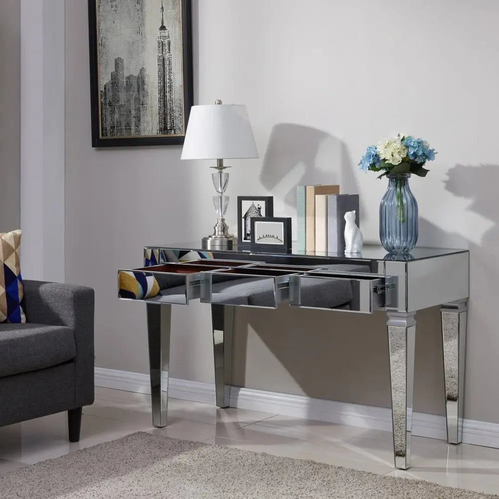 47" Silver Mirrored Writing Desk With Three Drawers HomeRoots