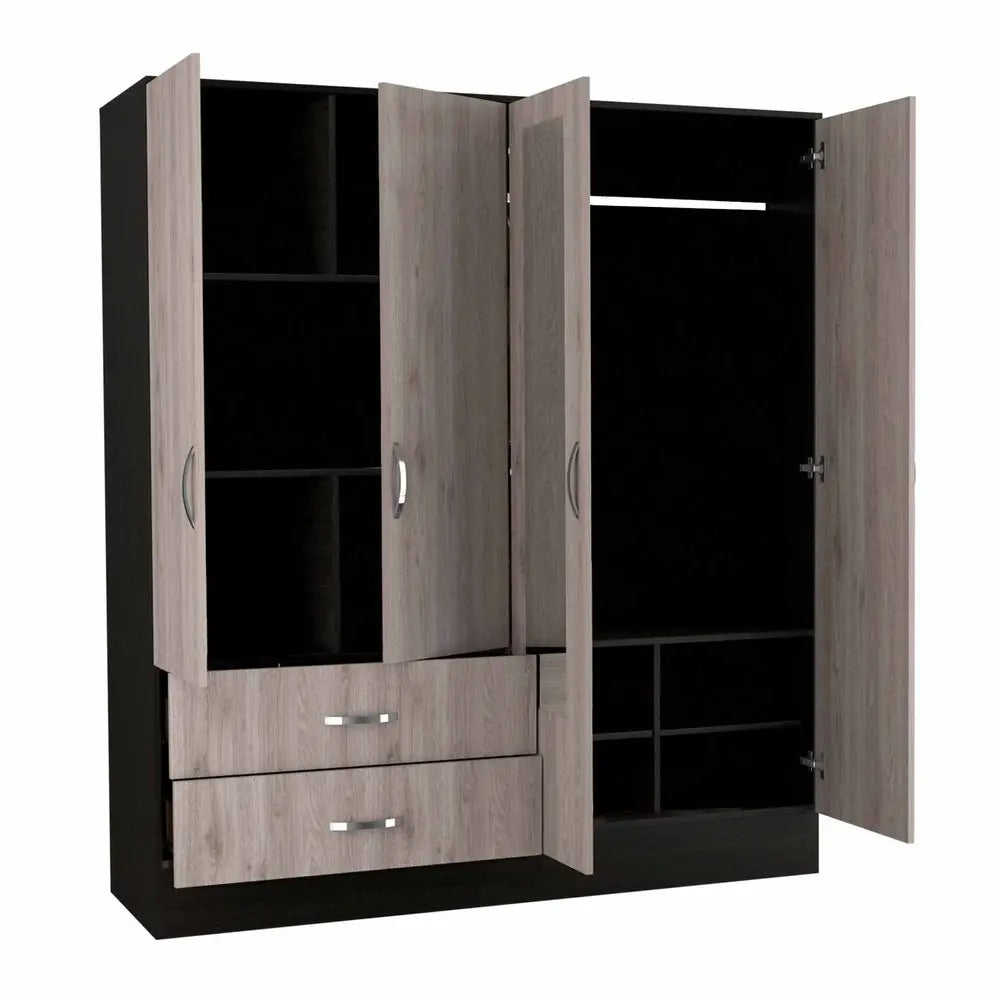 71" Light Oak and Black Four Door Wardrobe Closet with Mirrors HomeRoots