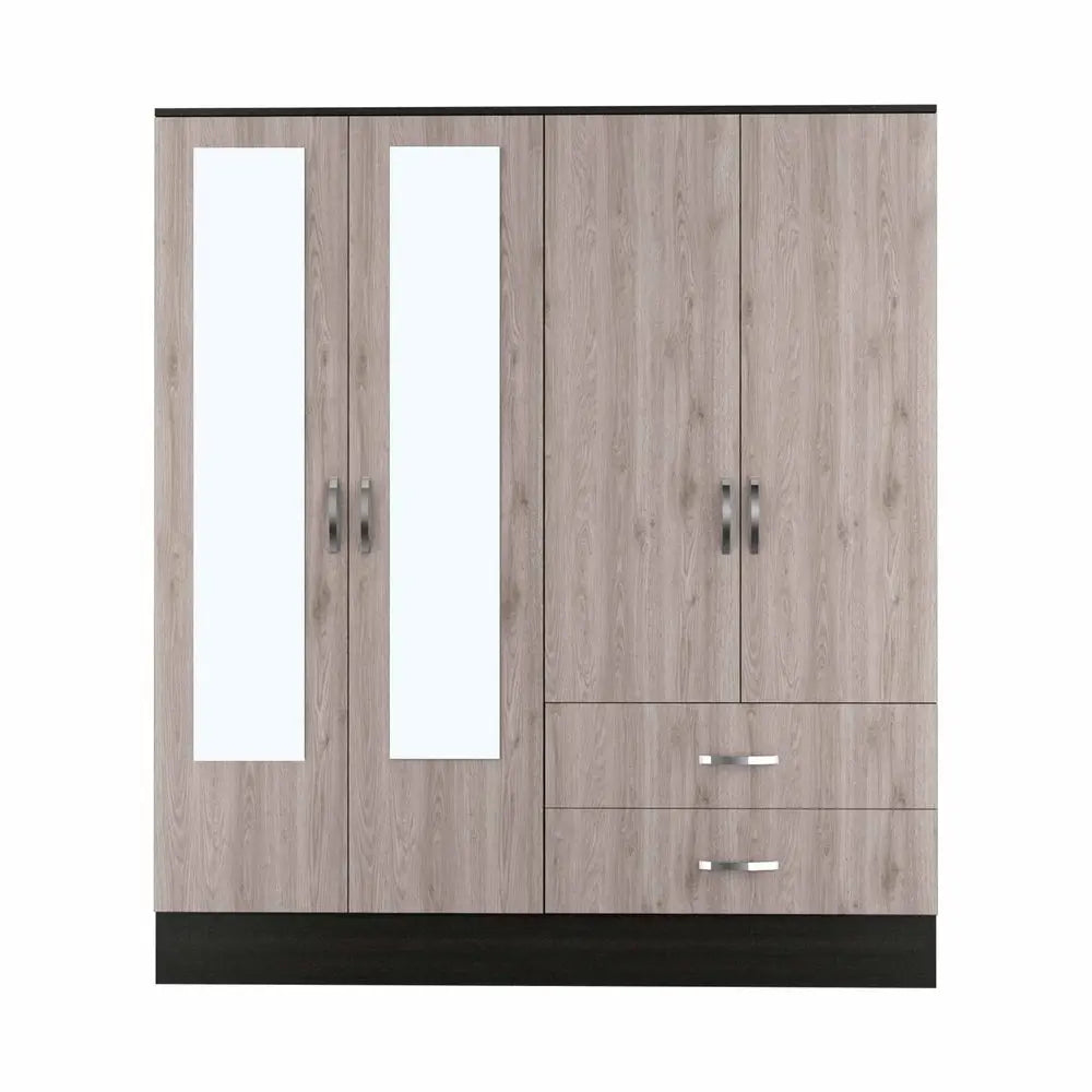 71" Light Oak and Black Four Door Wardrobe Closet with Mirrors HomeRoots