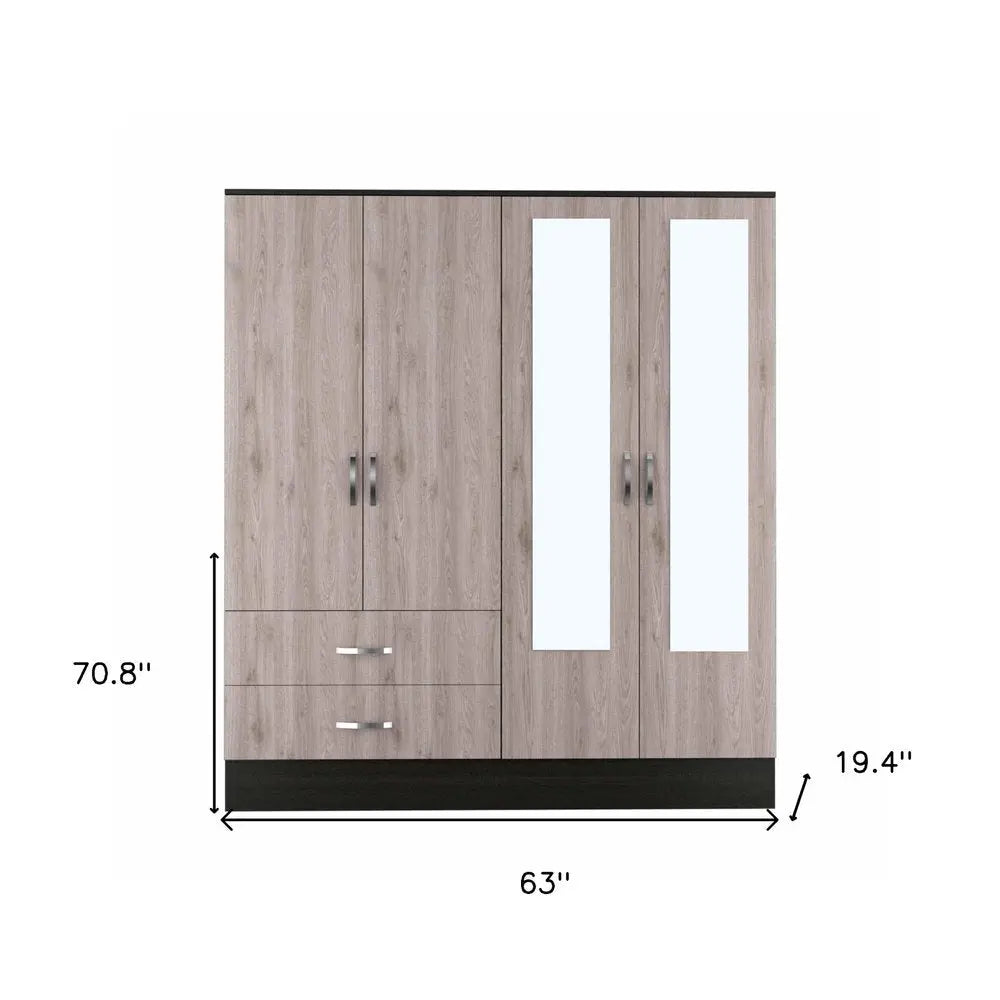 71" Light Oak and Black Four Door Wardrobe Closet with Mirrors HomeRoots