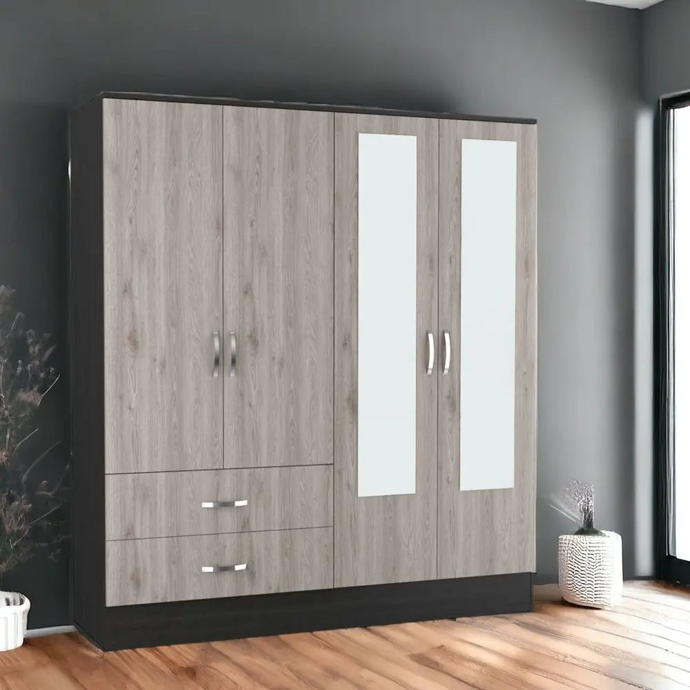 71" Light Oak and Black Four Door Wardrobe Closet with Mirrors HomeRoots