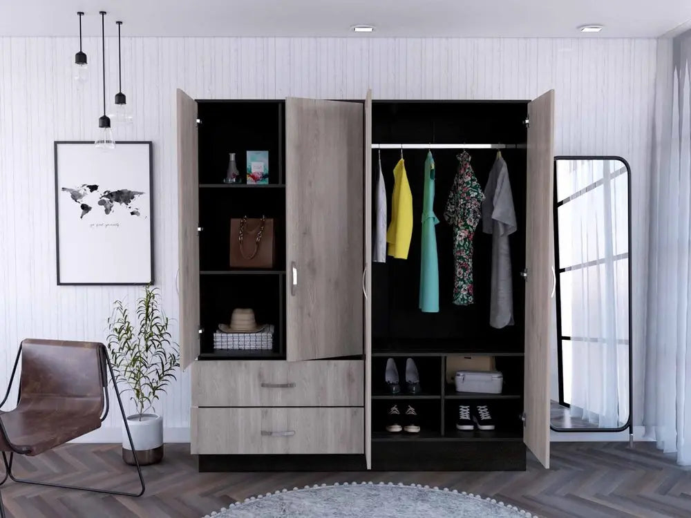 71" Light Oak and Black Four Door Wardrobe Closet with Mirrors HomeRoots