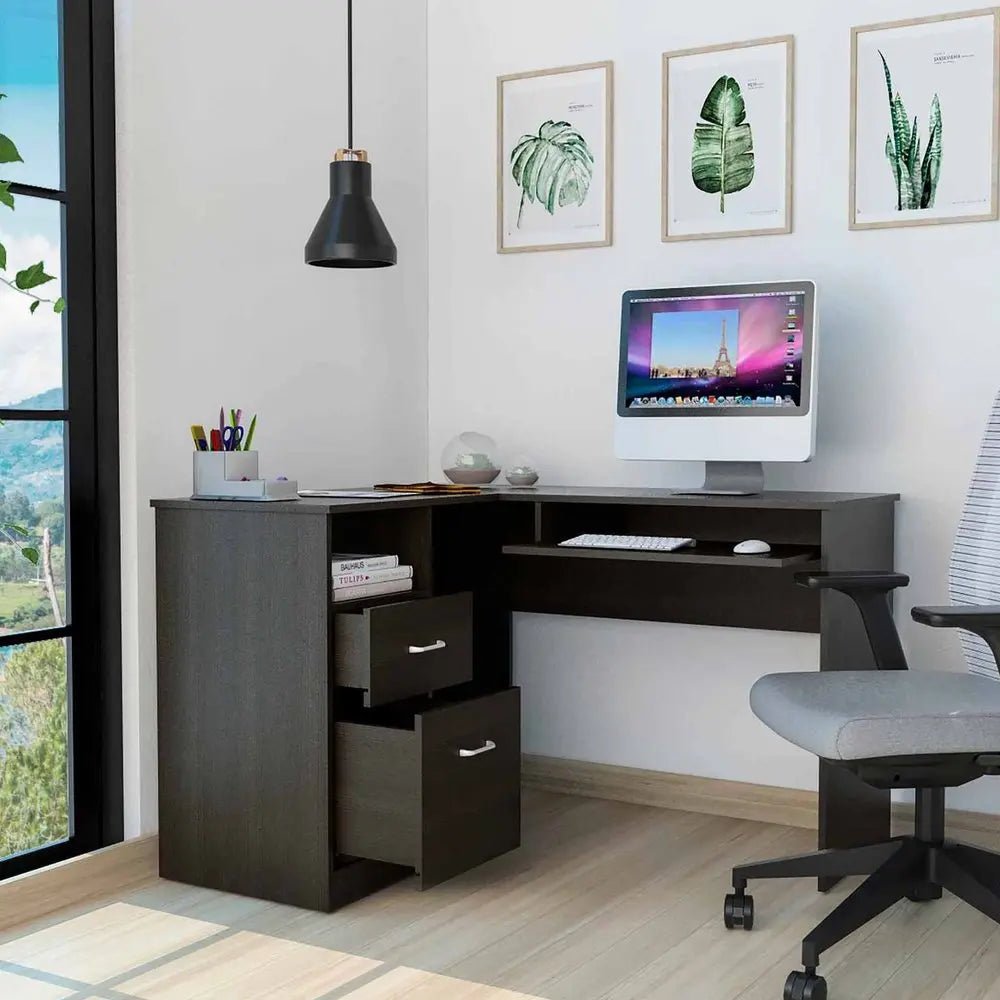 41" Black L Shape Computer Desk With Two Drawers - NOBLE HOME INTERIORS